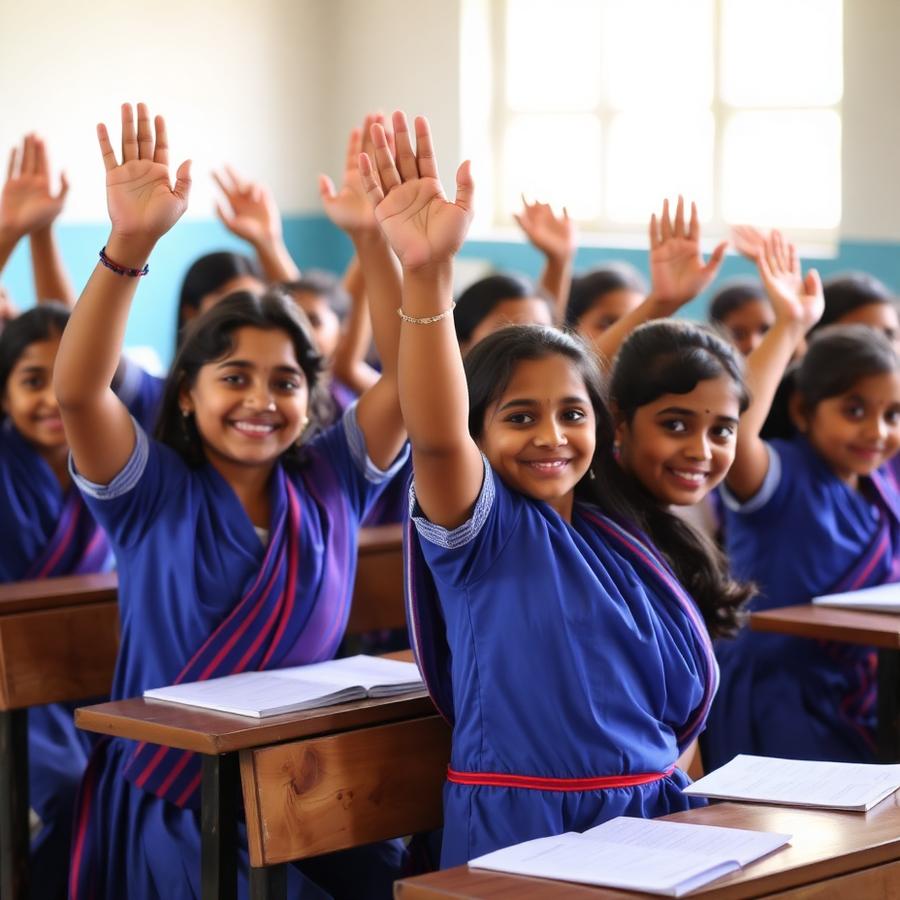 Students raising hands in a classroom