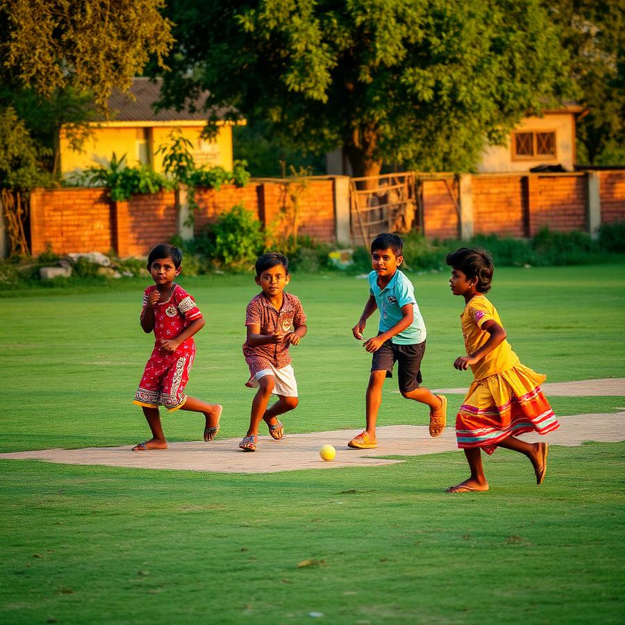 Children playing cricket in a village