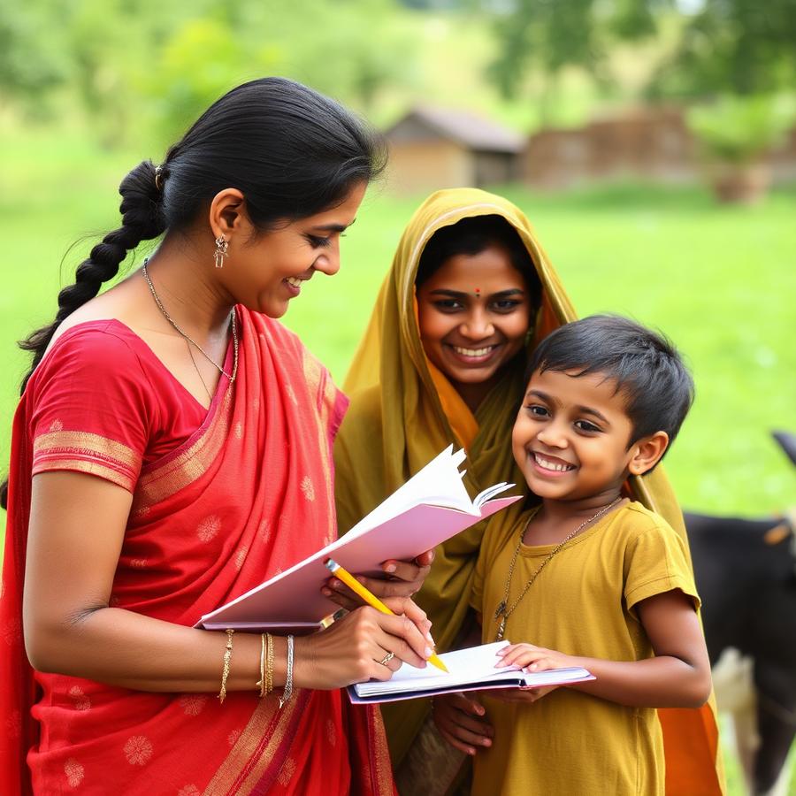 Volunteer giving a notebook to a child