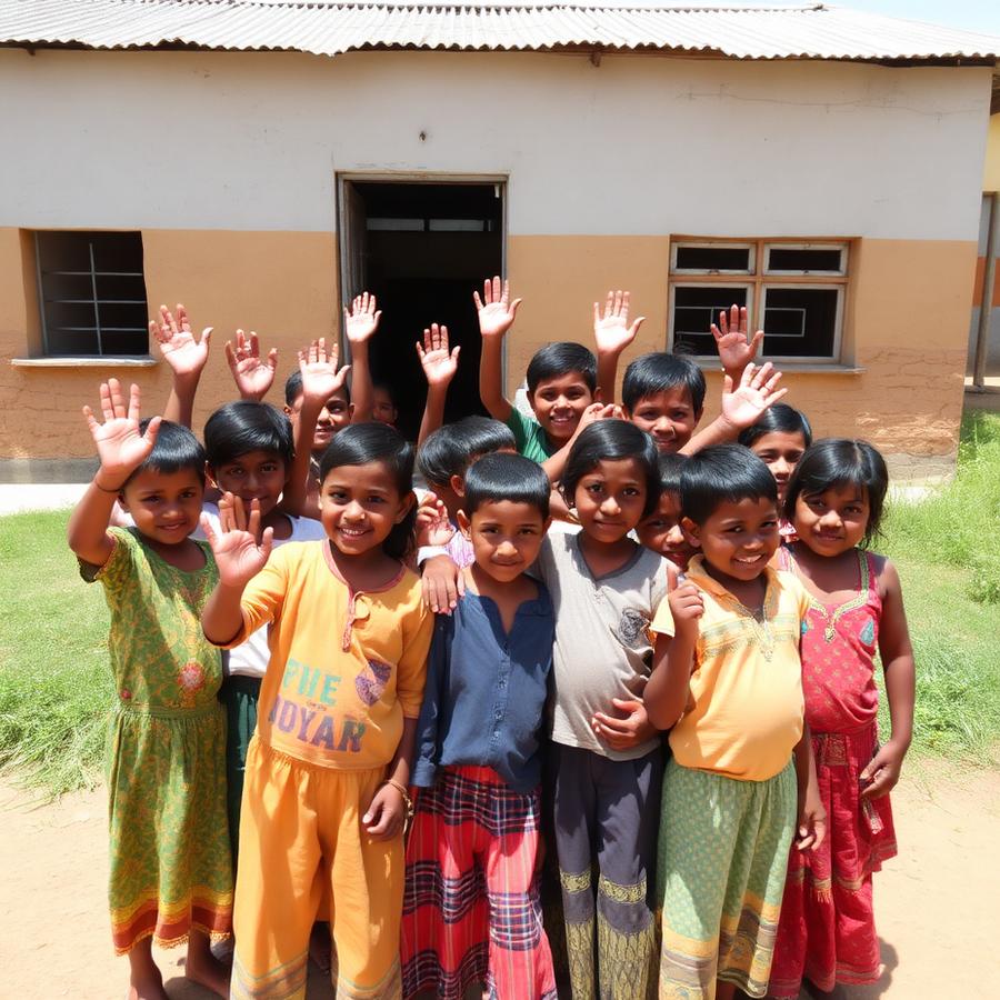 Children waving outside a village school